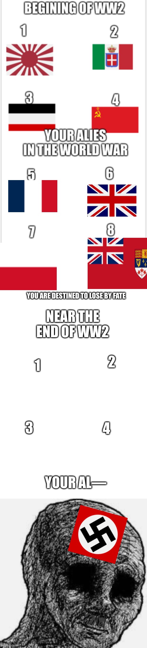 1234 you alies is the world war | YOU ARE DESTINED TO LOSE BY FATE; NEAR THE END OF WW2; 2; 1; 4; 3; YOUR AL— | image tagged in ww2,nazi,soviet union | made w/ Imgflip meme maker