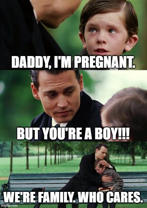 totally random. |  DADDY, I'M PREGNANT. BUT YOU'RE A BOY!!! WE'RE FAMILY. WHO CARES. | image tagged in memes,finding neverland,random,fun | made w/ Imgflip meme maker