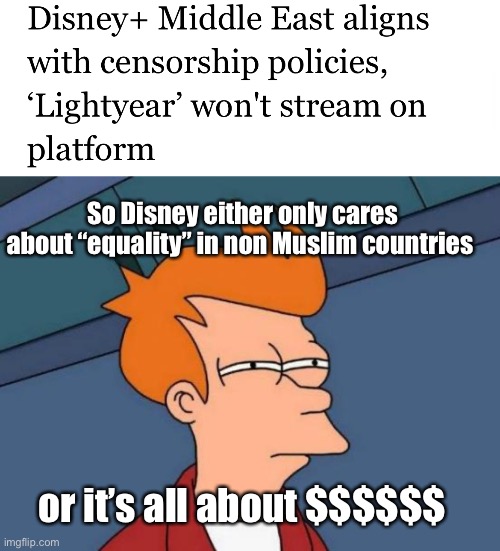 $ or fear | So Disney either only cares about “equality” in non Muslim countries; or it’s all about $$$$$$ | image tagged in memes,futurama fry,politics lol | made w/ Imgflip meme maker