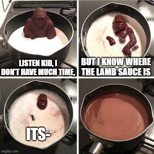 chocolate gorilla | LISTEN KID, I DON'T HAVE MUCH TIME, BUT I KNOW WHERE THE LAMB SAUCE IS; ITS- | image tagged in chocolate gorilla,lamb sauce,memes,funny,area 51 | made w/ Imgflip meme maker