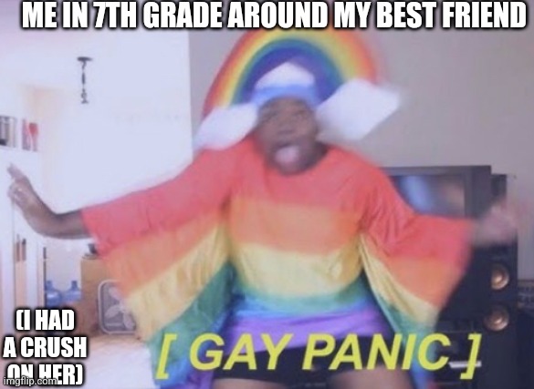 Rainbow Gay Panic | ME IN 7TH GRADE AROUND MY BEST FRIEND; (I HAD A CRUSH ON HER) | image tagged in rainbow gay panic | made w/ Imgflip meme maker