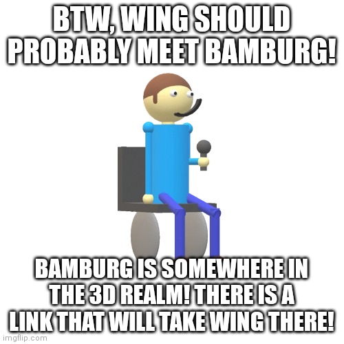 Blank Transparent Square Meme | BTW, WING SHOULD PROBABLY MEET BAMBURG! BAMBURG IS SOMEWHERE IN THE 3D REALM! THERE IS A LINK THAT WILL TAKE WING THERE! | image tagged in memes,blank transparent square | made w/ Imgflip meme maker