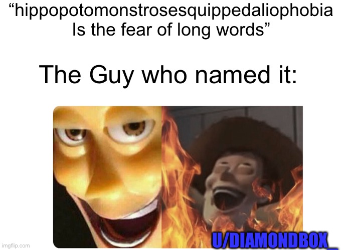 Satanic Woody |  “hippopotomonstrosesquippedaliophobia Is the fear of long words”; The Guy who named it:; U/DIAMONDBOX_ | image tagged in satanic woody | made w/ Imgflip meme maker
