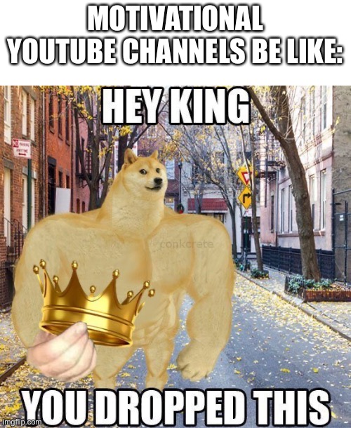 Motivational YouTube channels be like: | MOTIVATIONAL YOUTUBE CHANNELS BE LIKE: | image tagged in hey king you dropped this | made w/ Imgflip meme maker