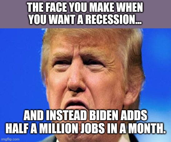 Recession depression | THE FACE YOU MAKE WHEN YOU WANT A RECESSION... AND INSTEAD BIDEN ADDS HALF A MILLION JOBS IN A MONTH. | image tagged in trump,conservative,republican,joe biden,democrat,maga | made w/ Imgflip meme maker