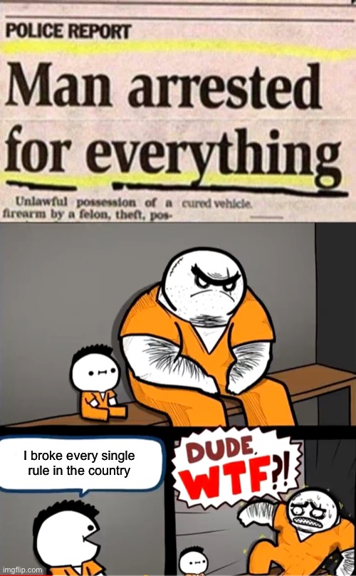 How is this even possible |  I broke every single rule in the country | image tagged in surprised bulky prisoner,jail,news,newspaper,memes,funny | made w/ Imgflip meme maker