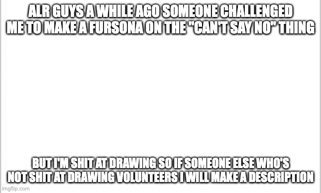 please help me out (also why is the s word not detected as nsfw automatically?)(m note: the s word is not censored in comments) | ALR GUYS A WHILE AGO SOMEONE CHALLENGED ME TO MAKE A FURSONA ON THE "CAN'T SAY NO" THING; BUT I'M SHIT AT DRAWING SO IF SOMEONE ELSE WHO'S NOT SHIT AT DRAWING VOLUNTEERS I WILL MAKE A DESCRIPTION | image tagged in white background | made w/ Imgflip meme maker