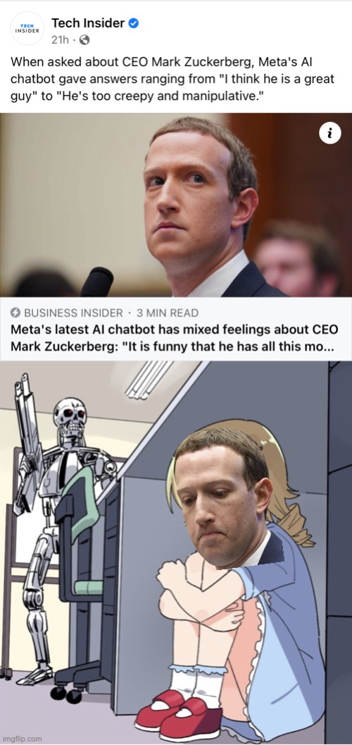 When the AI starts coming for Zuck, you know no one’s safe | image tagged in mark zuckerberg roasted by ai chatbot,anime girl hiding from terminator,zuckerbergphobia,ai chatbotophobia | made w/ Imgflip meme maker