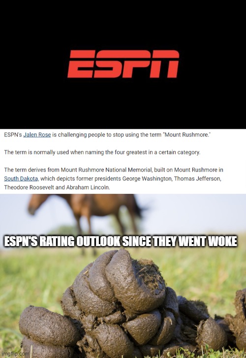 hey sports fans another jock just went woke | ESPN'S RATING OUTLOOK SINCE THEY WENT WOKE | image tagged in espn logo,pile o' horse shit | made w/ Imgflip meme maker