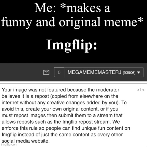 No moderation system is perfect I guess |  Me: *makes a funny and original meme*; Imgflip: | image tagged in moderation system,fun,funny,memes,cats,gifs | made w/ Imgflip meme maker