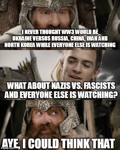 Fascists vs. Nazis 2 | I NEVER THOUGHT WW3 WOULD BE UKRAINE VERSUS RUSSIA, CHINA, IRAN AND NORTH KOREA WHILE EVERYONE ELSE IS WATCHING; WHAT ABOUT NAZIS VS. FASCISTS AND EVERYONE ELSE IS WATCHING? AYE, I COULD THINK THAT | image tagged in aye i could do that blank,nazis,fascists,ukraine,russia,china | made w/ Imgflip meme maker