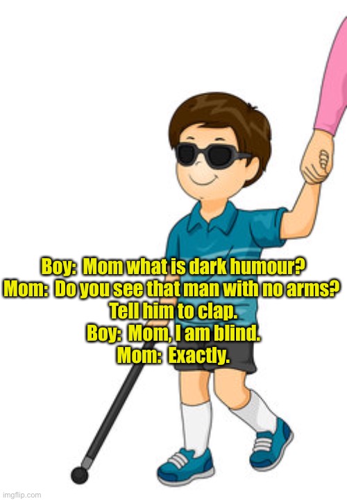 Blind Boy | Boy:  Mom what is dark humour?


Mom:  Do you see that man with no arms? 
Tell him to clap.

Boy:  Mom, I am blind.

Mom:  Exactly. | image tagged in blind boy,what is dark humour,do you see man,no arms,clap | made w/ Imgflip meme maker