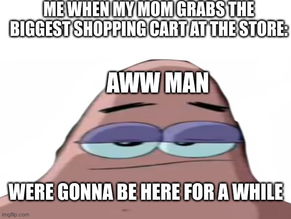 I hate when this happens... | ME WHEN MY MOM GRABS THE BIGGEST SHOPPING CART AT THE STORE:; AWW MAN; WERE GONNA BE HERE FOR A WHILE | image tagged in bruh,funny,fun | made w/ Imgflip meme maker