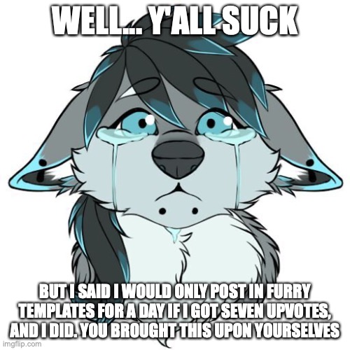 I hate y'all | WELL... Y'ALL SUCK; BUT I SAID I WOULD ONLY POST IN FURRY TEMPLATES FOR A DAY IF I GOT SEVEN UPVOTES, AND I DID. YOU BROUGHT THIS UPON YOURSELVES | image tagged in sad furry | made w/ Imgflip meme maker