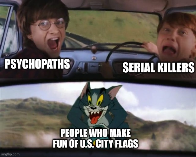 #justiceforuscityflags | PSYCHOPATHS; SERIAL KILLERS; PEOPLE WHO MAKE FUN OF U.S. CITY FLAGS | image tagged in tom chasing harry and ron weasly | made w/ Imgflip meme maker