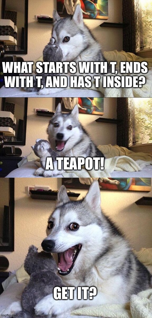Why did I make a fun stream meme :skull: | WHAT STARTS WITH T, ENDS WITH T, AND HAS T INSIDE? A TEAPOT! GET IT? | image tagged in memes,bad pun dog | made w/ Imgflip meme maker