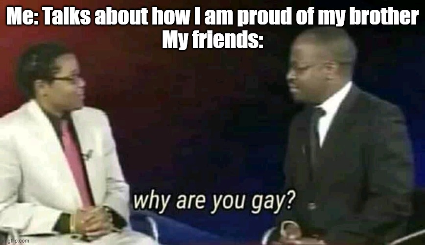 Because no | Me: Talks about how I am proud of my brother
My friends: | image tagged in why are you gay,brother,gae | made w/ Imgflip meme maker