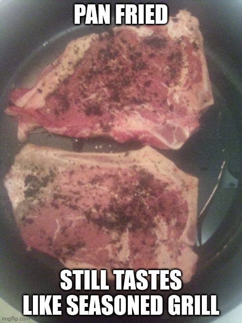 Vegetable carbon | PAN FRIED; STILL TASTES LIKE SEASONED GRILL | image tagged in food | made w/ Imgflip meme maker