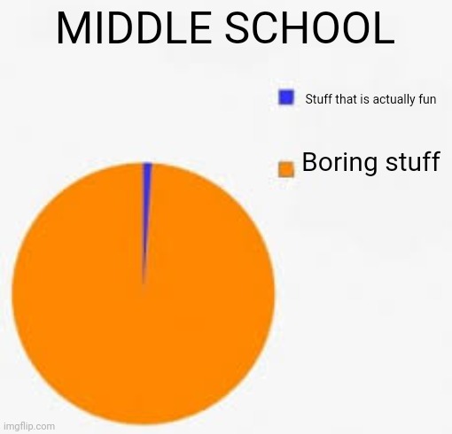 Middle School Official Yearly Summary | MIDDLE SCHOOL; Stuff that is actually fun; Boring stuff | image tagged in pie chart meme | made w/ Imgflip meme maker