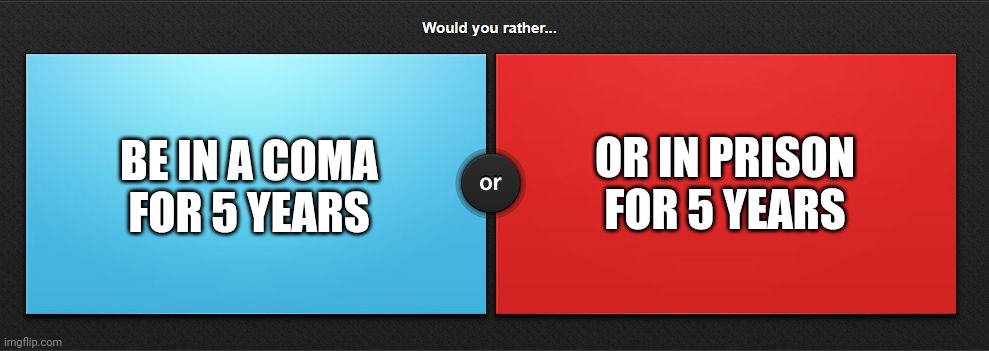 You have to choose one,  tell me why. | BE IN A COMA FOR 5 YEARS; OR IN PRISON FOR 5 YEARS | image tagged in would you rather | made w/ Imgflip meme maker