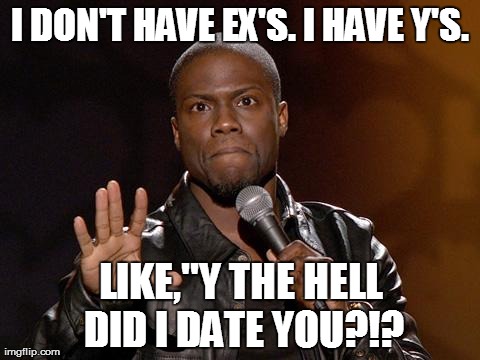 kevin hart | I DON'T HAVE EX'S. I HAVE Y'S. LIKE,''Y THE HELL DID I DATE YOU?!? | image tagged in kevin hart,funny,comedy | made w/ Imgflip meme maker