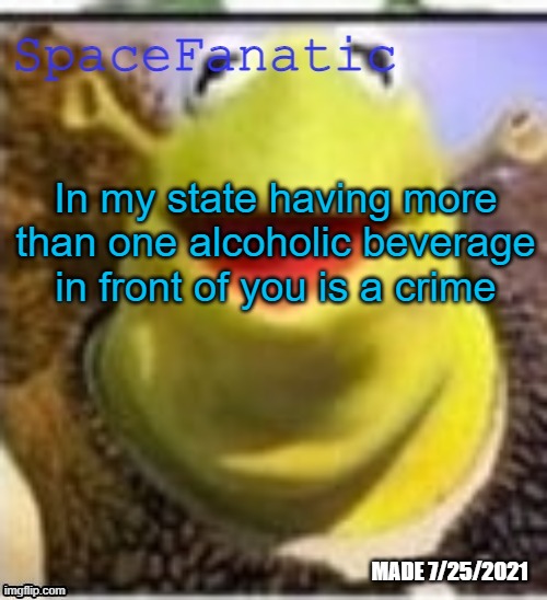 And you get fined for not owning a boat, but this isn't enforced | In my state having more than one alcoholic beverage in front of you is a crime | image tagged in spacefanatic announcement temp | made w/ Imgflip meme maker