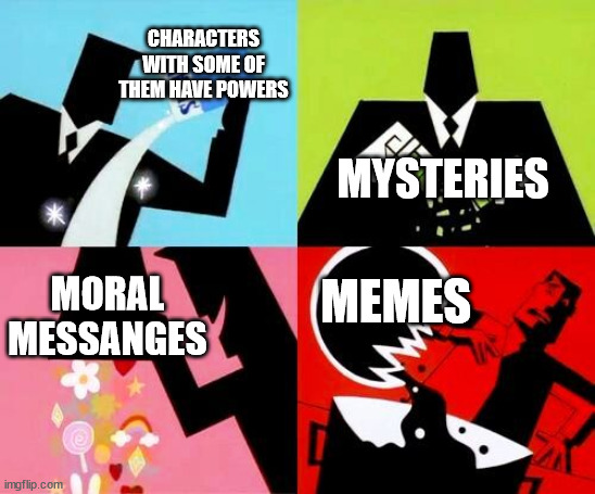 The powerpuff girls recipe | CHARACTERS WITH SOME OF THEM HAVE POWERS; MYSTERIES; MEMES; MORAL MESSANGES | image tagged in the powerpuff girls recipe | made w/ Imgflip meme maker