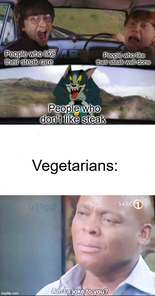 People who like their steak well done; People who like their steak rare; People who don't like steak; Vegetarians: | image tagged in tom chasing harry and ron weasly,am i a joke to you | made w/ Imgflip meme maker