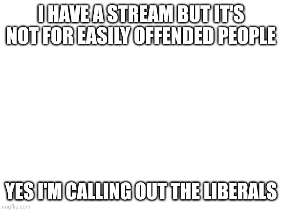 Link in comments | I HAVE A STREAM BUT IT'S NOT FOR EASILY OFFENDED PEOPLE; YES I'M CALLING OUT THE LIBERALS | image tagged in blank white template,streams | made w/ Imgflip meme maker