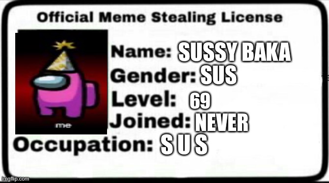 sus | SUSSY BAKA; SUS; 69; NEVER; S U S | image tagged in meme stealing license | made w/ Imgflip meme maker