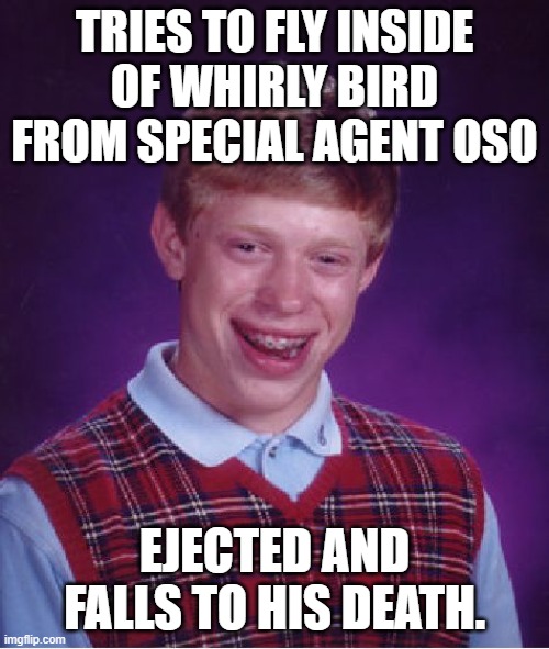 What? I liked Special Agent Oso before, it's not bad to like that show right? | TRIES TO FLY INSIDE OF WHIRLY BIRD FROM SPECIAL AGENT OSO; EJECTED AND FALLS TO HIS DEATH. | image tagged in memes,bad luck brian,disney,specialagentoso | made w/ Imgflip meme maker
