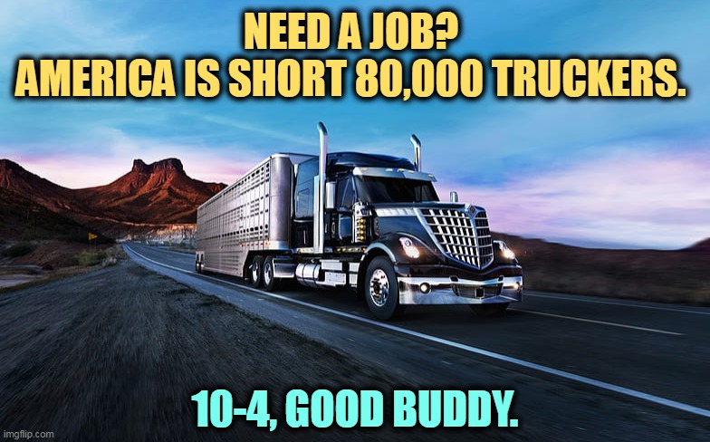 NEED A JOB? 
AMERICA IS SHORT 80,000 TRUCKERS. 10-4, GOOD BUDDY. | image tagged in trucker,shortage | made w/ Imgflip meme maker