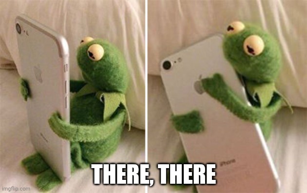 Kermit Hugging Phone | THERE, THERE | image tagged in kermit hugging phone | made w/ Imgflip meme maker