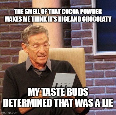 Sweet Deceptions | THE SMELL OF THAT COCOA POWDER MAKES ME THINK IT'S NICE AND CHOCOLATY; MY TASTE BUDS DETERMINED THAT WAS A LIE | image tagged in memes,maury lie detector,meme,cocoa powder,relatable | made w/ Imgflip meme maker