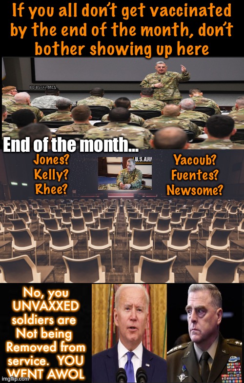 Service Members…. Make Sure You Report For Duty | If you all don’t get vaccinated
by the end of the month, don’t
bother showing up here; 08/06/22  MRA; End of the month…; Jones?
Kelly?
Rhee? Yacoub?
Fuentes?
Newsome? No, you
UNVAXXED
soldiers are 
Not being 
Removed from
service.  YOU
WENT AWOL | image tagged in memes,unvaxxed military r within their constitutional rights,do not get awoled,keep standing up to them,god bless u,fjb | made w/ Imgflip meme maker