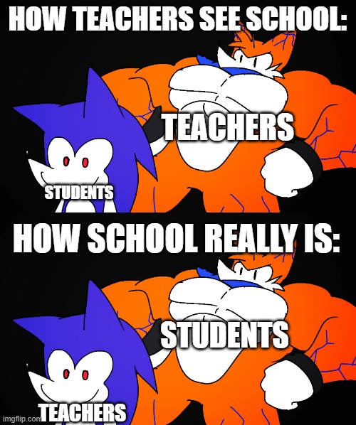 Neddlemoose | HOW TEACHERS SEE SCHOOL:; TEACHERS; STUDENTS; HOW SCHOOL REALLY IS:; STUDENTS; TEACHERS | image tagged in this - bigger this | made w/ Imgflip meme maker