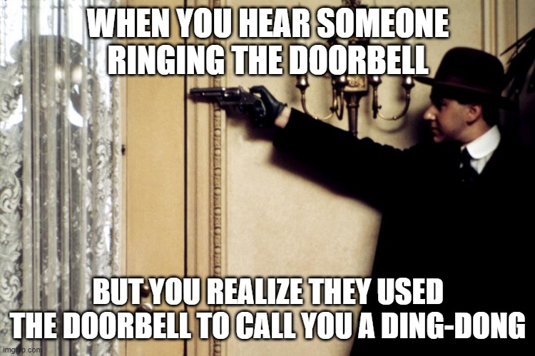 #rudevisitors | WHEN YOU HEAR SOMEONE RINGING THE DOORBELL; BUT YOU REALIZE THEY USED THE DOORBELL TO CALL YOU A DING-DONG | image tagged in doorbell danger | made w/ Imgflip meme maker