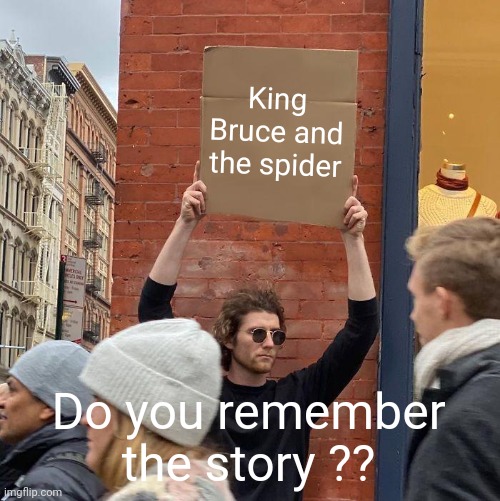 King Bruce and the spider; Do you remember the story ?? | image tagged in memes,guy holding cardboard sign | made w/ Imgflip meme maker