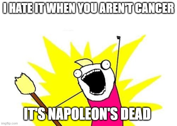 Did you know that Napoleon dead was cancer? | I HATE IT WHEN YOU AREN'T CANCER; IT'S NAPOLEON'S DEAD | image tagged in memes,x all the y | made w/ Imgflip meme maker