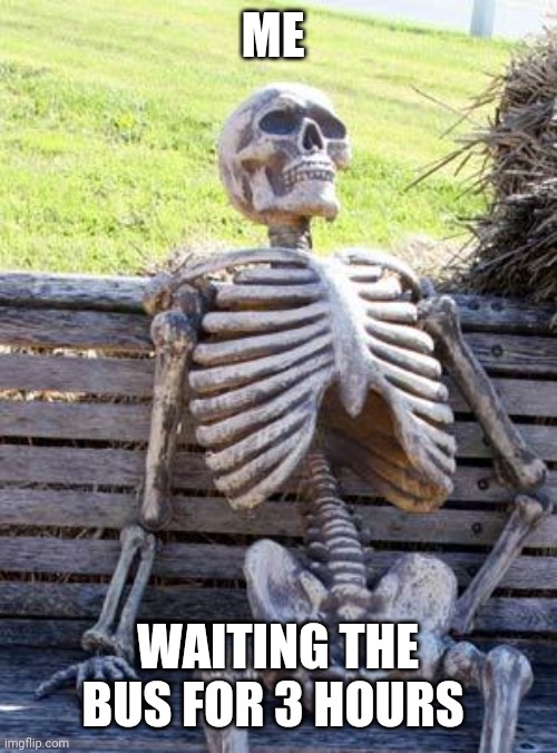 when will the bus come | ME; WAITING THE BUS FOR 3 HOURS | image tagged in memes,waiting skeleton | made w/ Imgflip meme maker