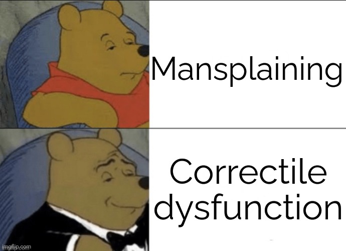 Listen to women... for a change. | Mansplaining; Correctile dysfunction | image tagged in winnie the pooh tuxedo,sexist,disrespect,misogyny,talking to wall | made w/ Imgflip meme maker