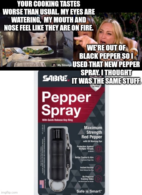 YOUR COOKING TASTES WORSE THAN USUAL. MY EYES ARE WATERING,  MY MOUTH AND NOSE FEEL LIKE THEY ARE ON FIRE. WE'RE OUT OF BLACK PEPPER SO I USED THAT NEW PEPPER SPRAY. I THOUGHT IT WAS THE SAME STUFF. | image tagged in smudge the cat,woman yelling at cat | made w/ Imgflip meme maker