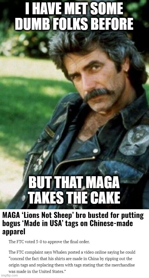 The official color of maga is Macaroon. | I HAVE MET SOME DUMB FOLKS BEFORE; BUT THAT MAGA TAKES THE CAKE | image tagged in sam elliot biker,memes,maga,idiots,haha,sad | made w/ Imgflip meme maker