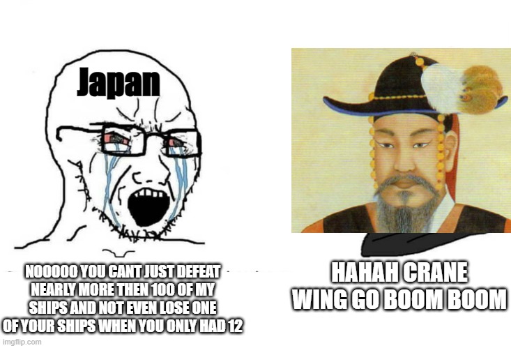 how but | Japan; HAHAH CRANE WING GO BOOM BOOM; NOOOOO YOU CANT JUST DEFEAT NEARLY MORE THEN 100 OF MY SHIPS AND NOT EVEN LOSE ONE OF YOUR SHIPS WHEN YOU ONLY HAD 12 | image tagged in soyboy vs yes chad | made w/ Imgflip meme maker