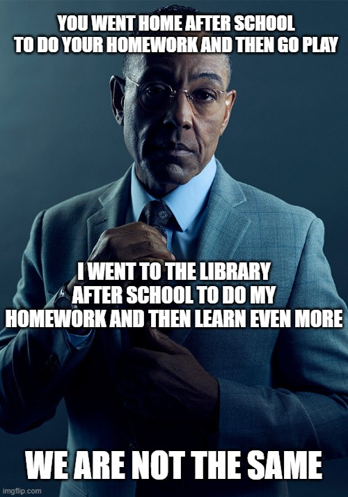 Gus Fring we are not the same | YOU WENT HOME AFTER SCHOOL TO DO YOUR HOMEWORK AND THEN GO PLAY; I WENT TO THE LIBRARY AFTER SCHOOL TO DO MY HOMEWORK AND THEN LEARN EVEN MORE; WE ARE NOT THE SAME | image tagged in gus fring we are not the same | made w/ Imgflip meme maker