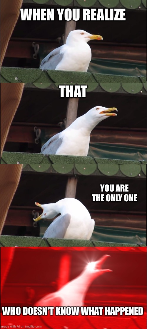 Inhaling Seagull | WHEN YOU REALIZE; THAT; YOU ARE THE ONLY ONE; WHO DOESN'T KNOW WHAT HAPPENED | image tagged in memes,inhaling seagull | made w/ Imgflip meme maker