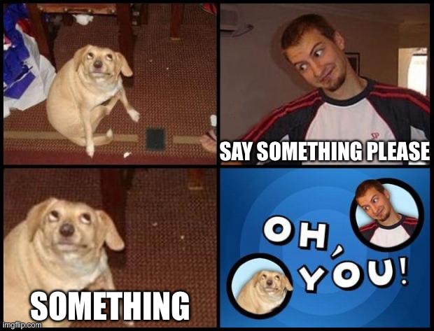 Oh you (fixed captions) | SAY SOMETHING PLEASE; SOMETHING | image tagged in oh you fixed captions | made w/ Imgflip meme maker