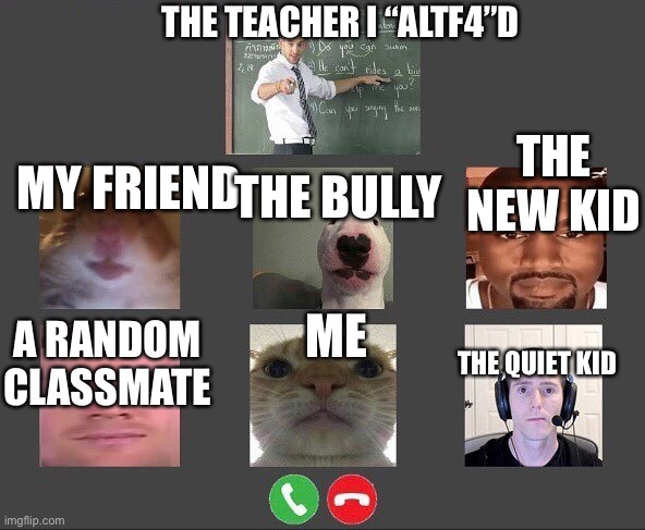 Online classes be like: | THE TEACHER I “ALTF4”D; MY FRIEND; THE NEW KID; THE BULLY; ME; A RANDOM CLASSMATE; THE QUIET KID | image tagged in online class | made w/ Imgflip meme maker