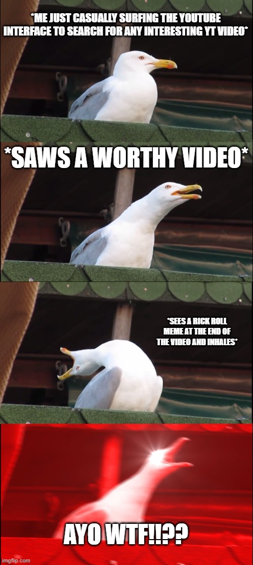 Oh F... | *ME JUST CASUALLY SURFING THE YOUTUBE INTERFACE TO SEARCH FOR ANY INTERESTING YT VIDEO*; *SAWS A WORTHY VIDEO*; *SEES A RICK ROLL MEME AT THE END OF THE VIDEO AND INHALES*; AYO WTF!!?? | image tagged in memes,inhaling seagull | made w/ Imgflip meme maker