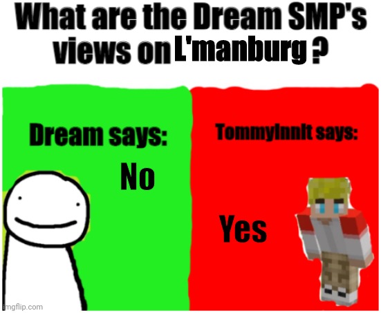 Dream SMP Views | L'manburg; No; Yes | image tagged in dream smp views | made w/ Imgflip meme maker